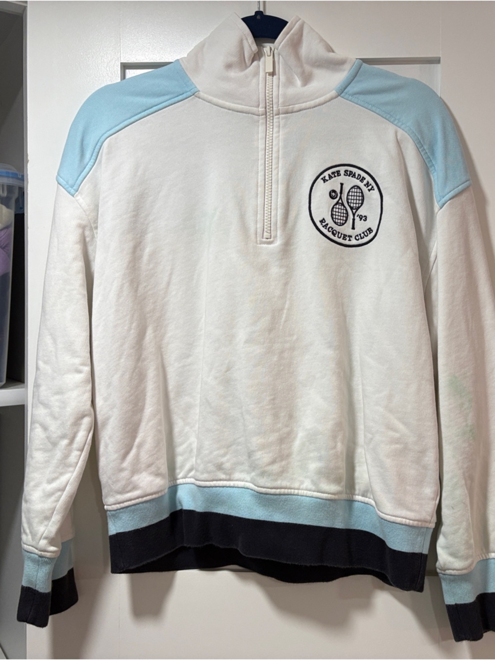 kate spade White and Light Blue Half-Zip Pullover Sweatshirt
